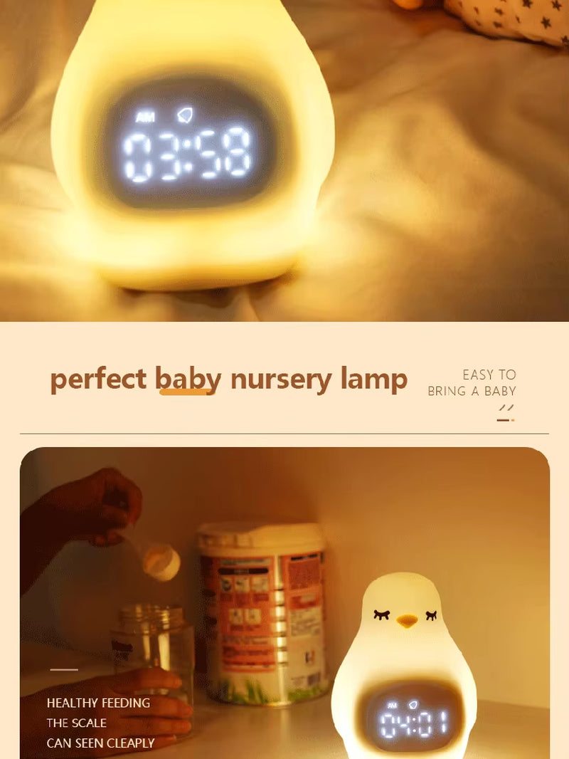 Cute LED Penguin Night Light, Alarm Clock, Silicone Bedside Lamp with Clock, Rechargeable Sleeping Lamp for Girls and Boy Room