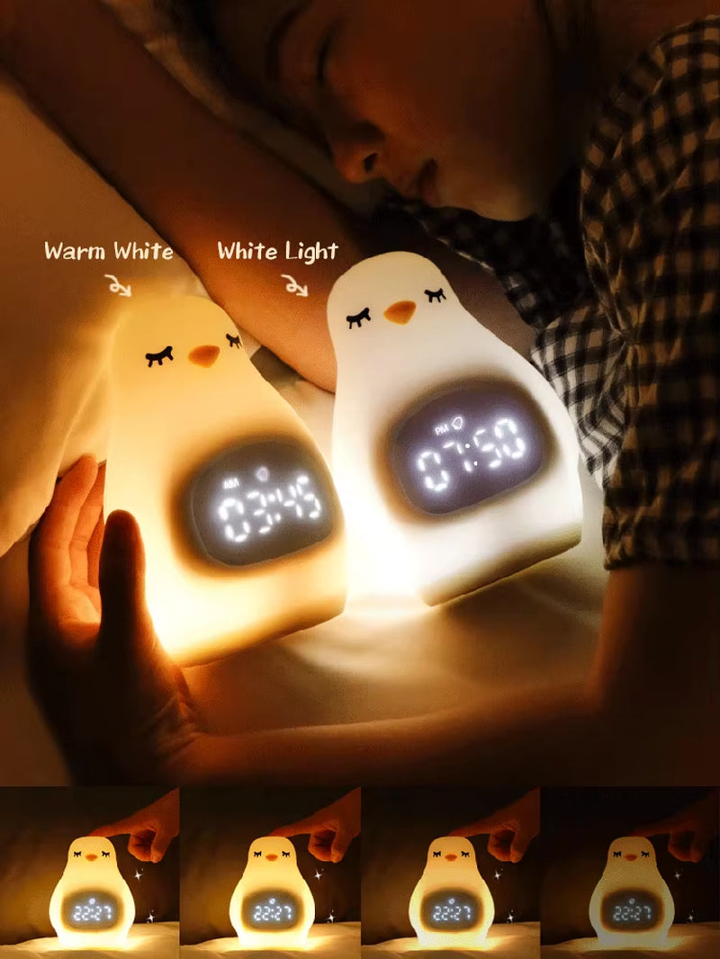 Cute LED Penguin Night Light, Alarm Clock, Silicone Bedside Lamp with Clock, Rechargeable Sleeping Lamp for Girls and Boy Room