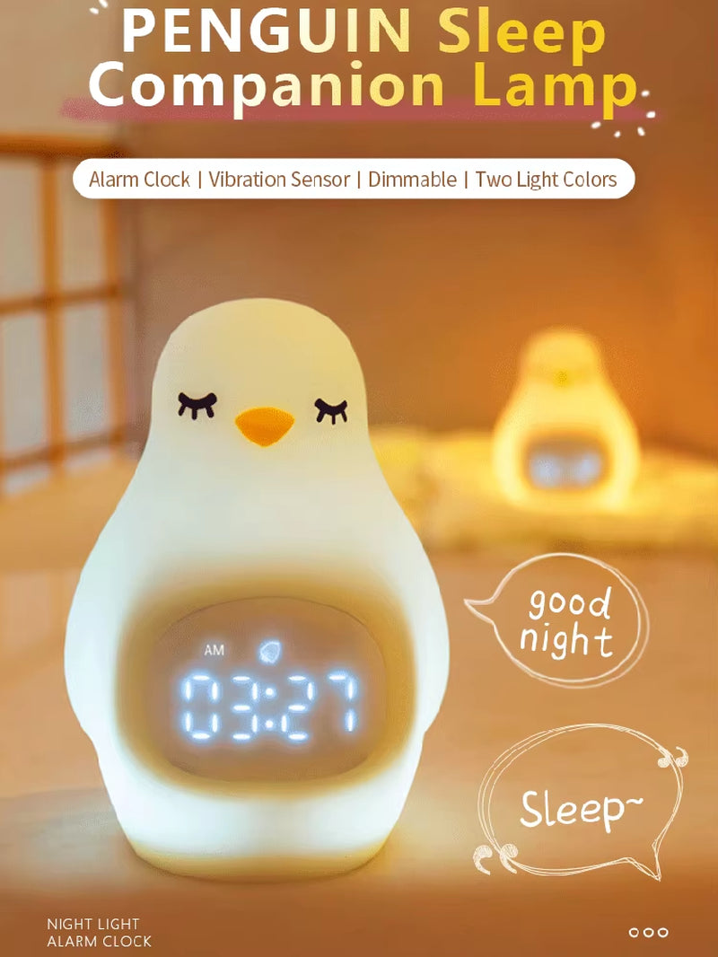 Cute LED Penguin Night Light, Alarm Clock, Silicone Bedside Lamp with Clock, Rechargeable Sleeping Lamp for Girls and Boy Room